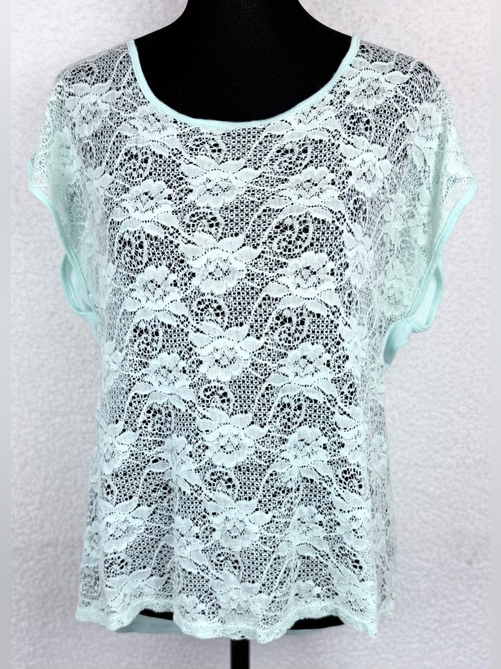 CHLOE K • Minty Blue Floral Lace Open-Back Short Sleeve Blouse Top, L - Picture 8 of 11